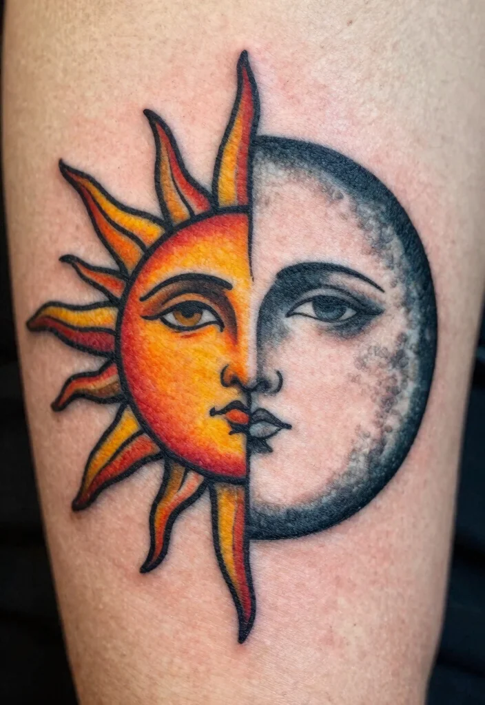 15 Sun and Moon Traditional Tattoo Ideas With Classic Symbolism 25 15 Sun and Moon Traditional Tattoo Ideas With Classic Symbolism - 5. Half Sun and Half Moon 1