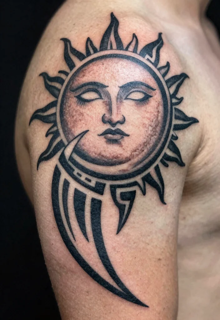15 Sun and Moon Traditional Tattoo Ideas With Classic Symbolism 36 15 Sun and Moon Traditional Tattoo Ideas With Classic Symbolism - 6. Tribal Sun and Moon 1