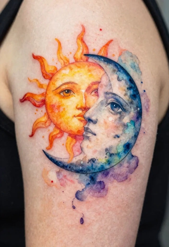 15 Sun and Moon Traditional Tattoo Ideas With Classic Symbolism 47 15 Sun and Moon Traditional Tattoo Ideas With Classic Symbolism - 7. Watercolor Sun and Moon 1