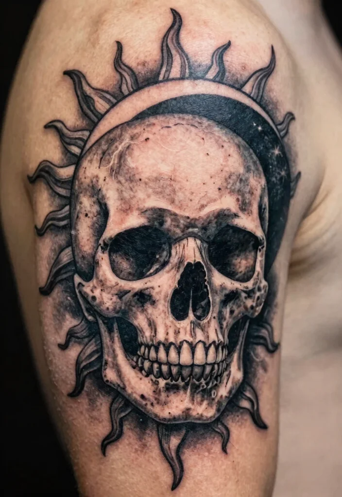 15 Sun and Moon Traditional Tattoo Ideas With Classic Symbolism 48 15 Sun and Moon Traditional Tattoo Ideas With Classic Symbolism - 8. Sun and Moon Skull Design 1