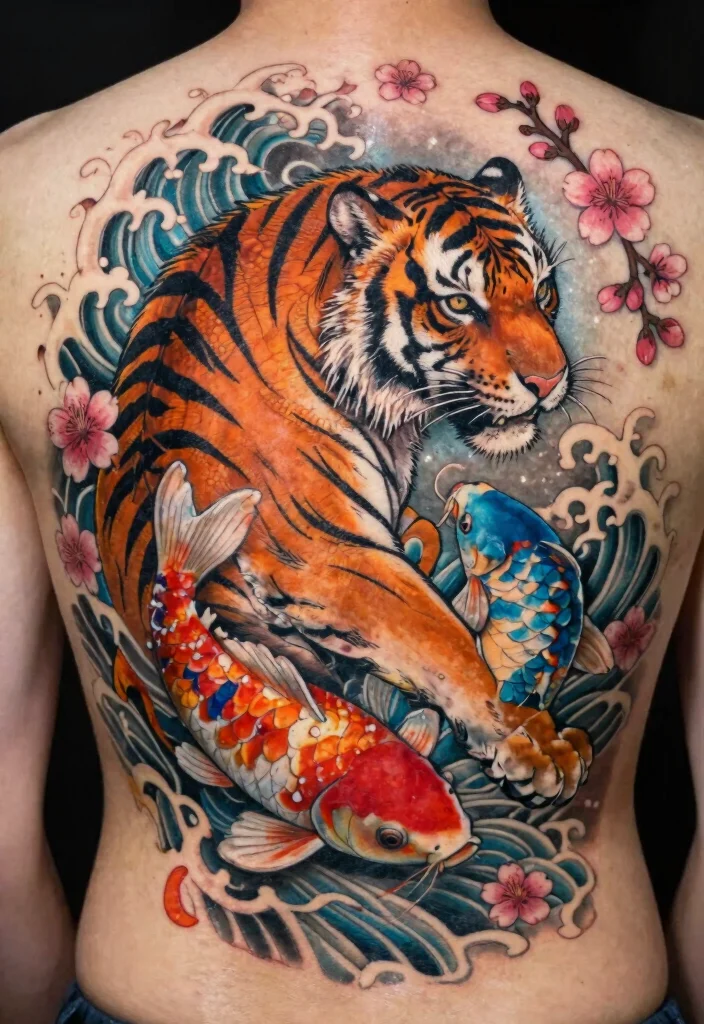 15 Traditional Japanese Tiger Tattoo Ideas With Fierce Style - 2. Tiger and Koi Fusion 1