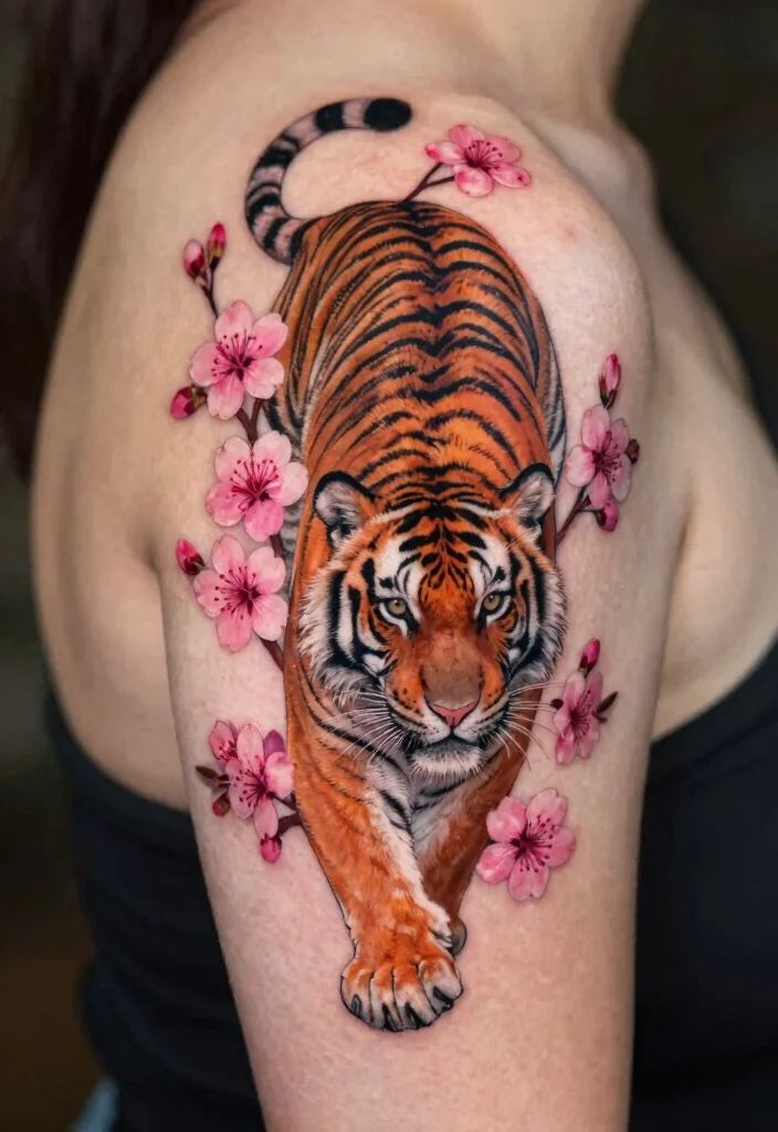15 Traditional Japanese Tiger Tattoo Ideas With Fierce Style - 4. Tigers in Bloom 1