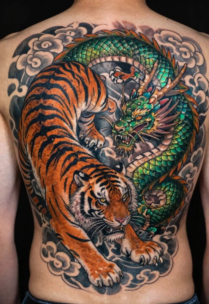15 Traditional Japanese Tiger Tattoo Ideas With Fierce Style - 7. The Tiger and the Dragon 1
