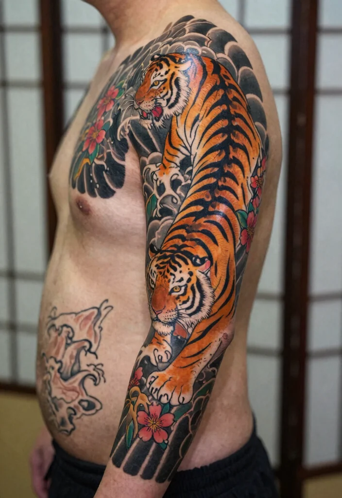 15 Traditional Japanese Tiger Tattoo Ideas With Fierce Style - 8. Traditional Sleeve 1