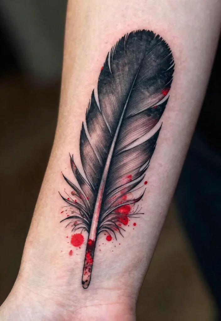 16 Black Red Tattoo Design Ideas With Bold Drama - 11. Feather and Ink 1