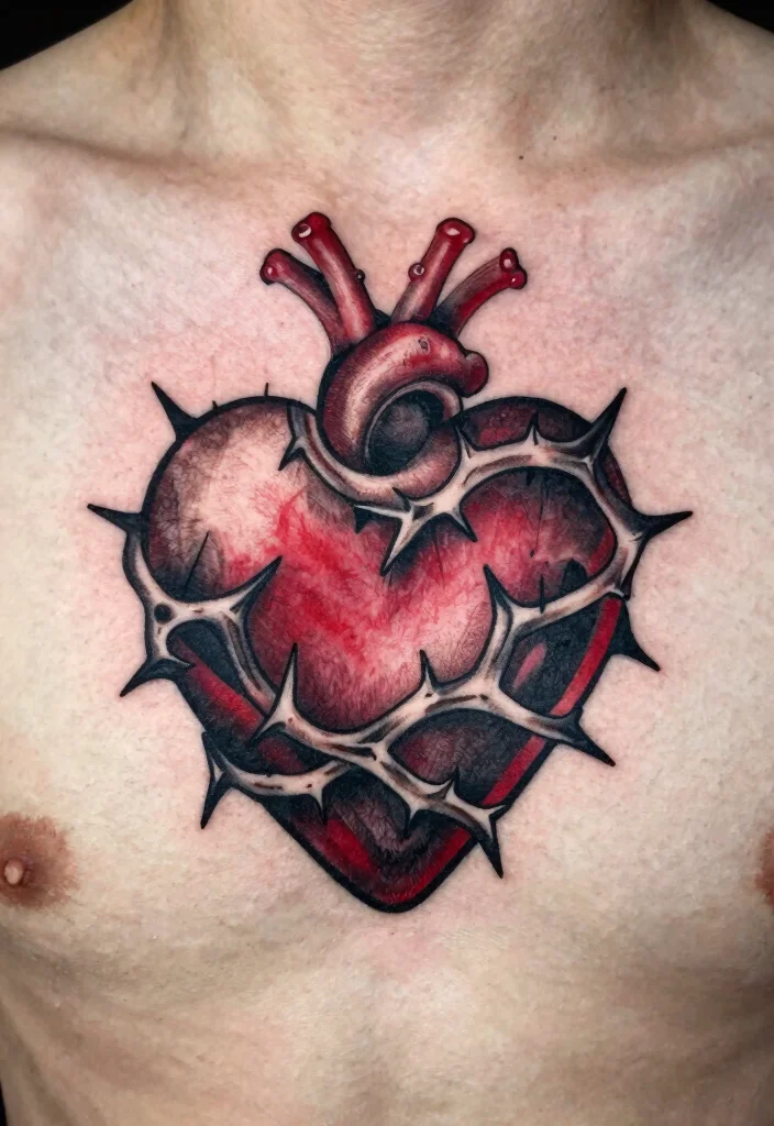 16 Black Red Tattoo Design Ideas With Bold Drama - 15. Heart and Thorns 1