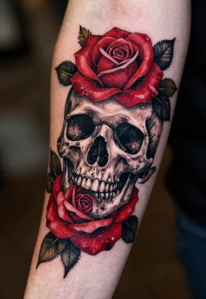 16 Black Red Tattoo Design Ideas With Bold Drama - 3. Skull and Roses 1