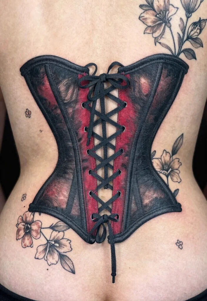 16 Black Red Tattoo Design Ideas With Bold Drama - 7. Corset Design 1