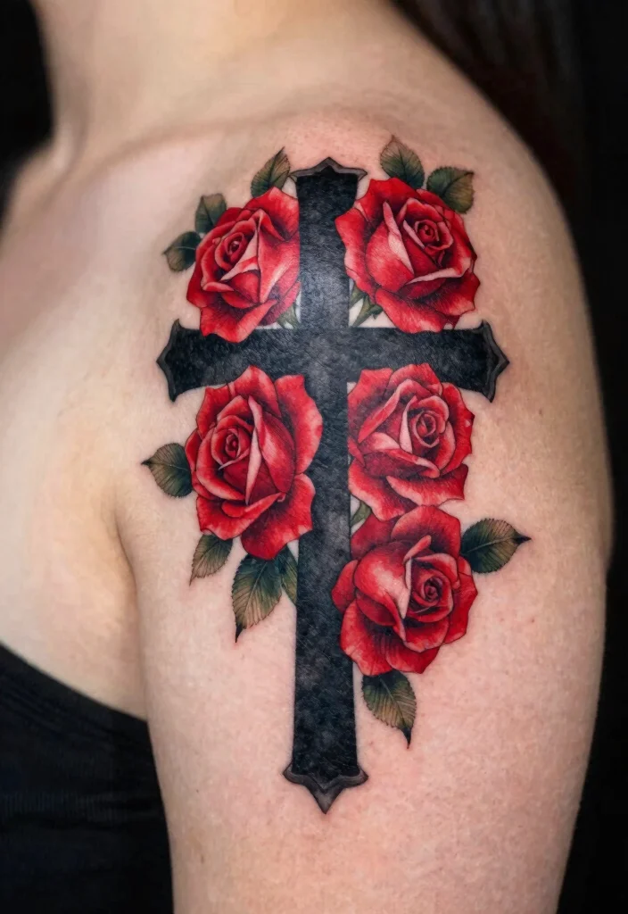 16 Black Red Tattoo Design Ideas With Bold Drama - 8. Cross with Roses 1