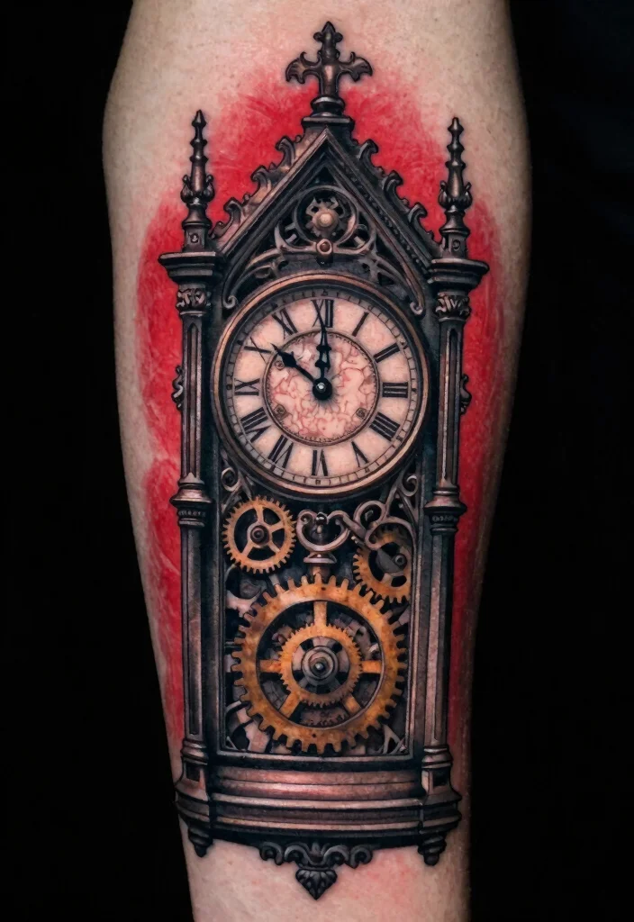 16 Black Red Tattoo Design Ideas With Bold Drama - 9. Gothic Clock 1