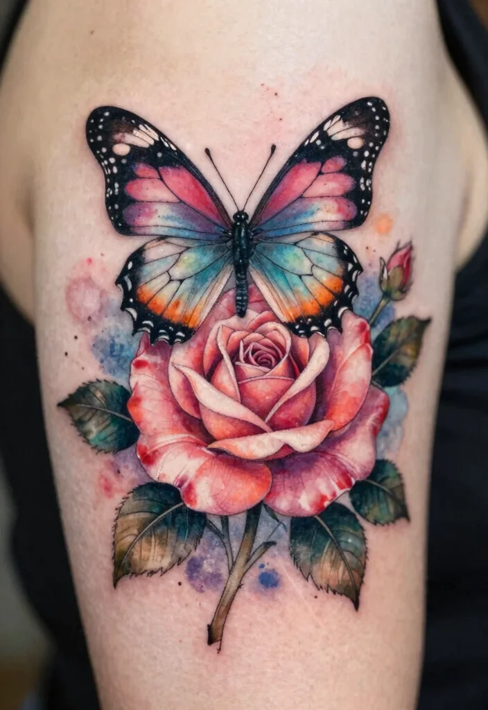 16 Butterfly Rose Tattoo Ideas With Romantic Detail - 1. Ethereal Butterfly Embrace 1