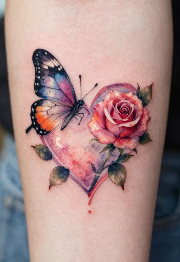 16 Butterfly Rose Tattoo Ideas With Romantic Detail - 10. Romantic Watercolor Heart 1