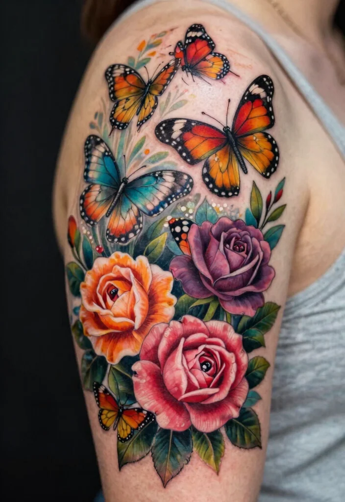 16 Butterfly Rose Tattoo Ideas With Romantic Detail - 11. Nature's Palette 1