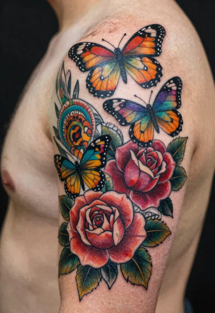 16 Butterfly Rose Tattoo Ideas With Romantic Detail - 12. Fusion of Cultures 1