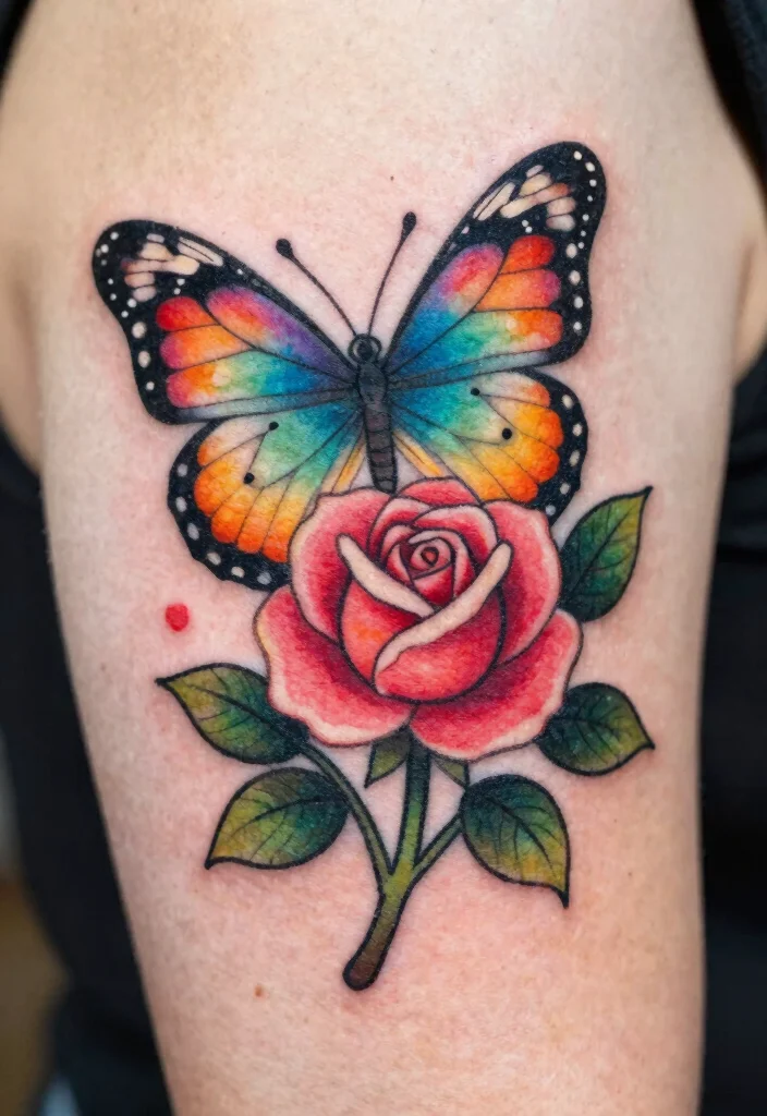 16 Butterfly Rose Tattoo Ideas With Romantic Detail - 14. Whimsical Fairy Tale 1