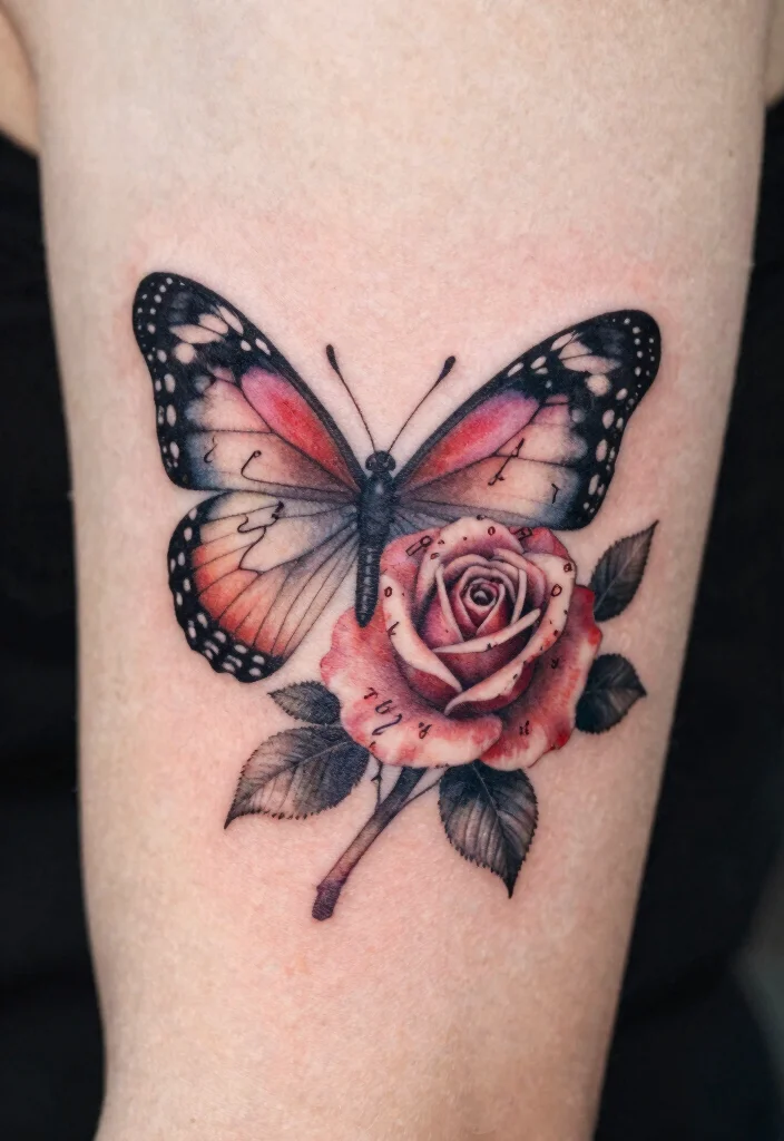 16 Butterfly Rose Tattoo Ideas With Romantic Detail - 15. Personalized Love Story 1