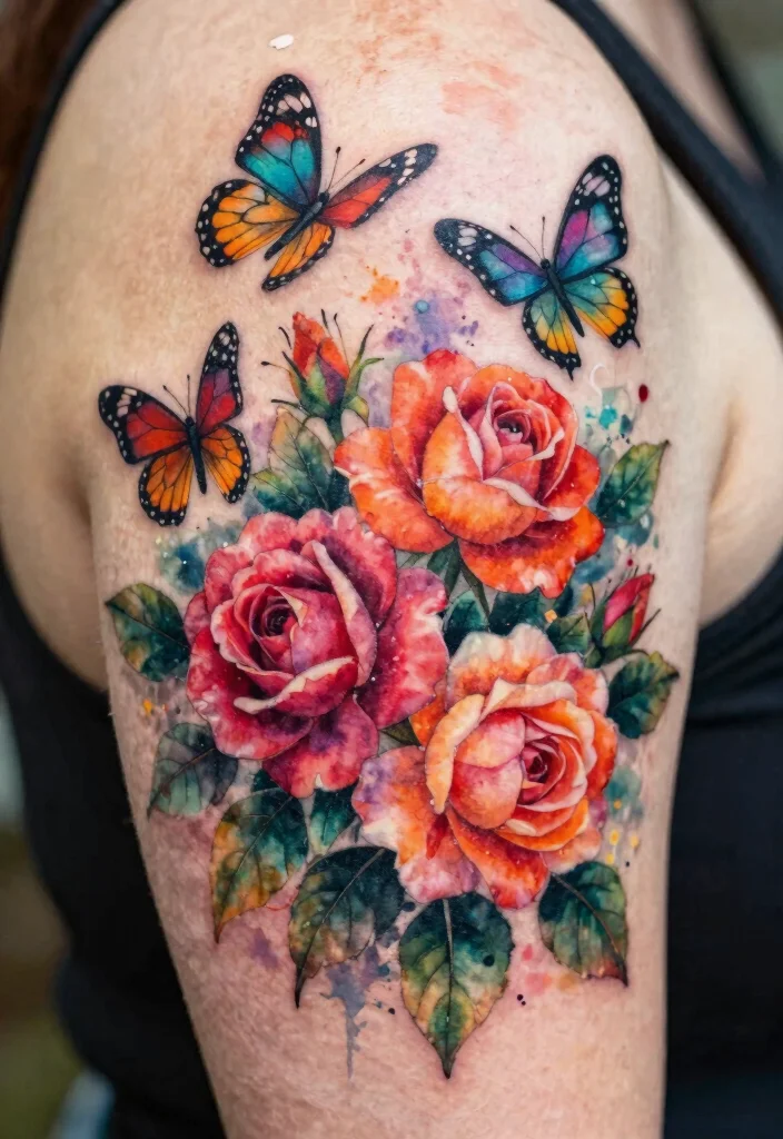 16 Butterfly Rose Tattoo Ideas With Romantic Detail - 2. Floral Fusion 1
