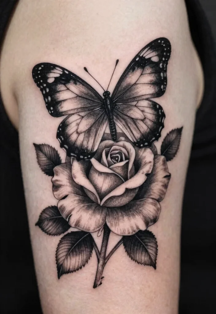 16 Butterfly Rose Tattoo Ideas With Romantic Detail - 3. Romantic Black and Gray 1