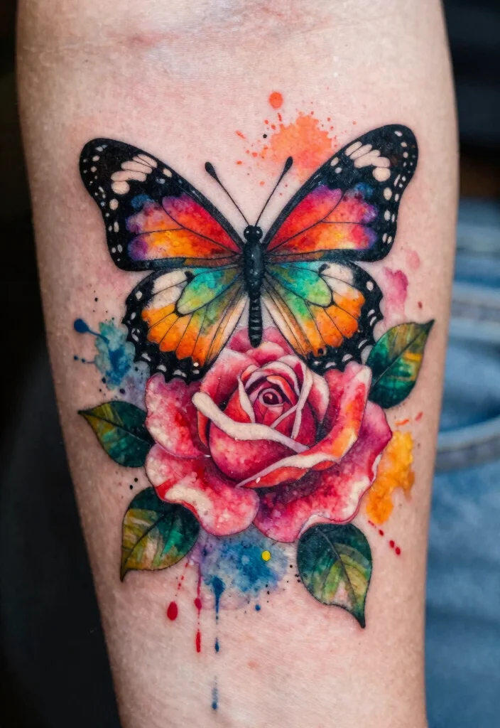 16 Butterfly Rose Tattoo Ideas With Romantic Detail - 4. Whimsical Watercolor Splash 1