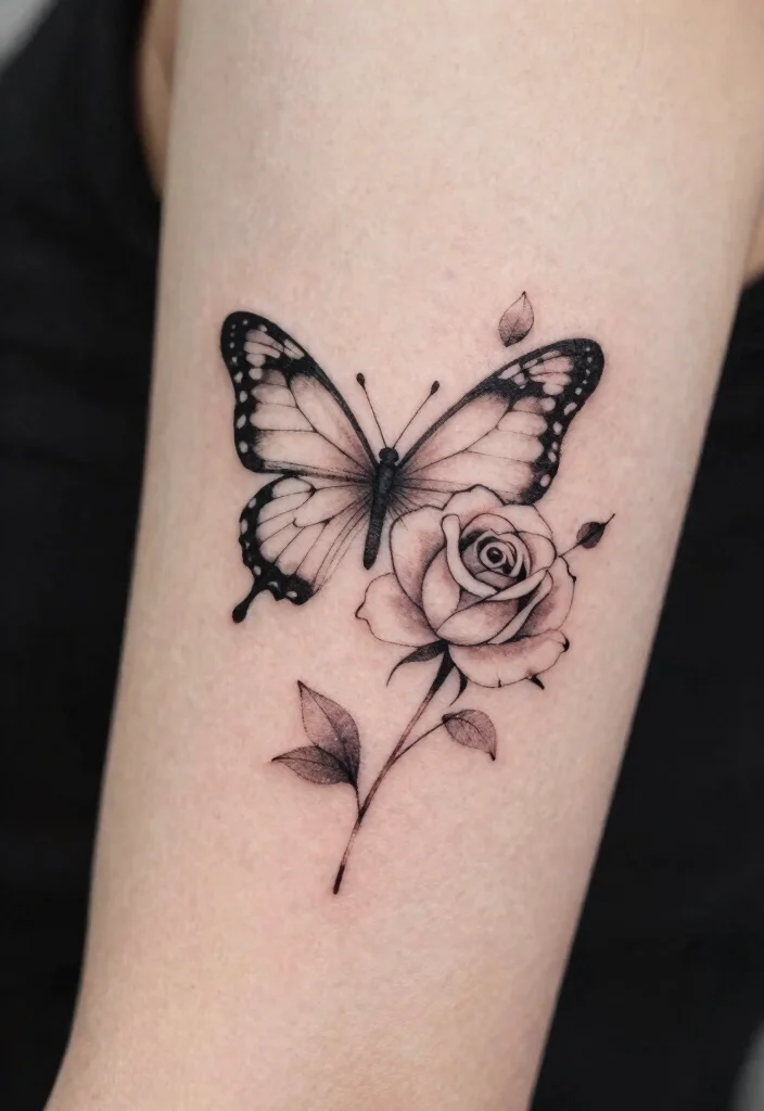 16 Butterfly Rose Tattoo Ideas With Romantic Detail - 5. Minimalistic Butterfly Rose 1