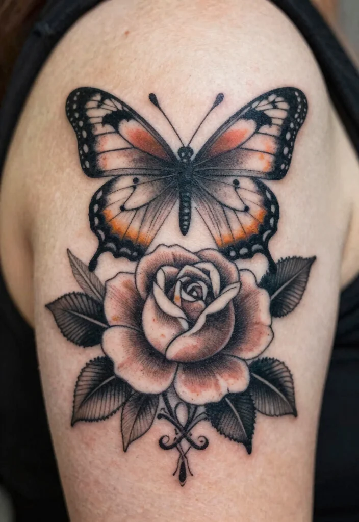 16 Butterfly Rose Tattoo Ideas With Romantic Detail - 6. Vintage Floral Charm 1
