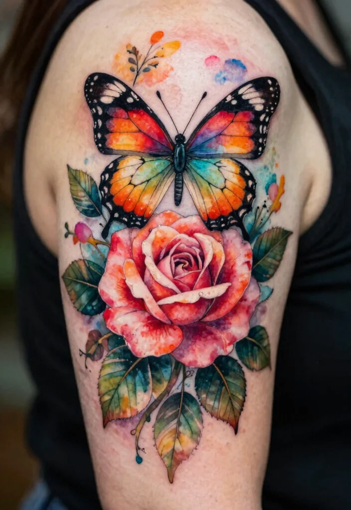 16 Butterfly Rose Tattoo Ideas With Romantic Detail - 7. Nature's Dreamscape 1