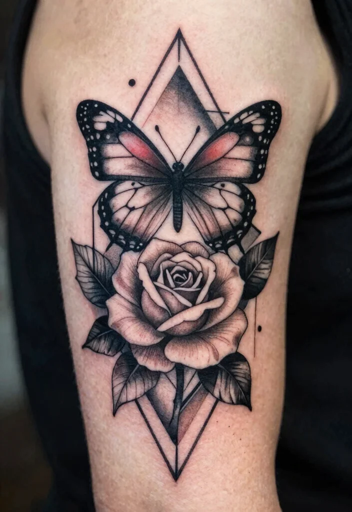 16 Butterfly Rose Tattoo Ideas With Romantic Detail - 8. Geometric Butterfly Rose 1
