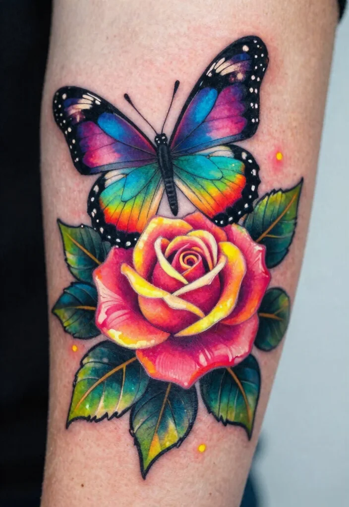 16 Butterfly Rose Tattoo Ideas With Romantic Detail - 9. Luminous Neon Butterfly Rose 1