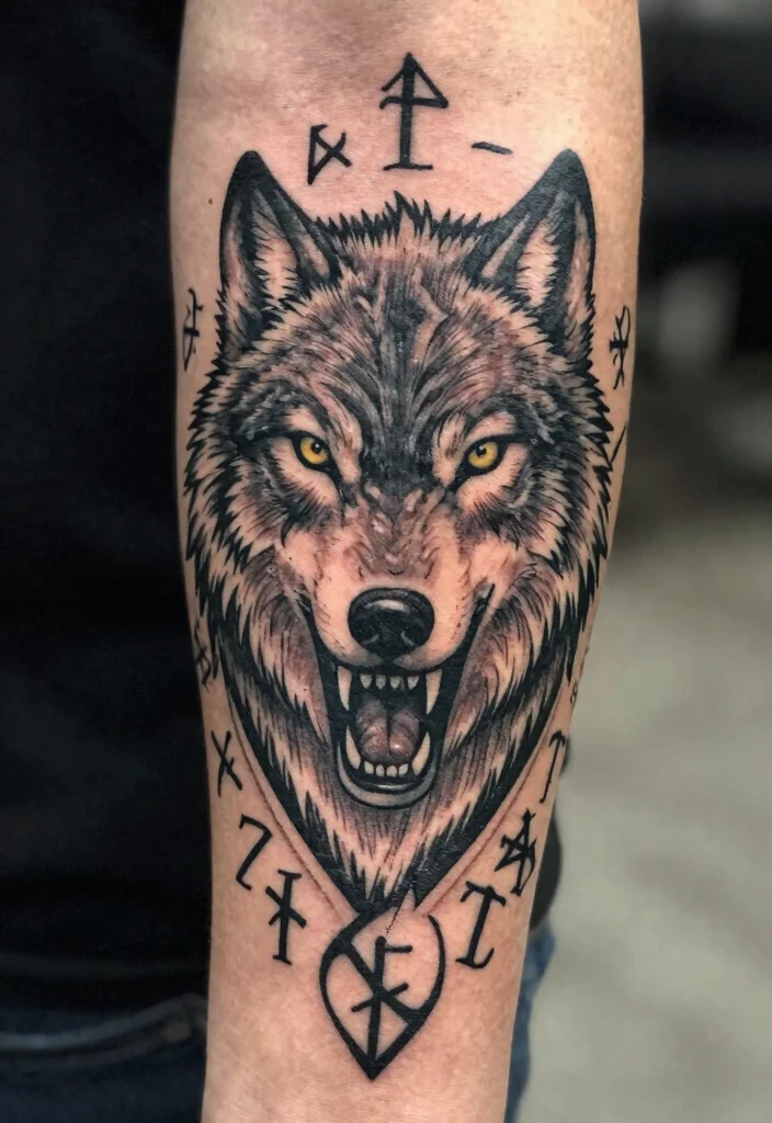 16 Celtic Wolf Tattoo Ideas With Mythic Strength - 11. Celtic Wolf with Rune Symbols 1