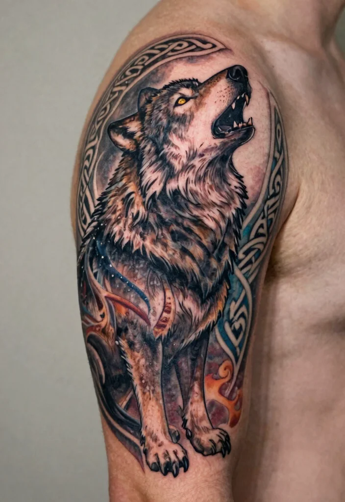 16 Celtic Wolf Tattoo Ideas With Mythic Strength - 12. Howling Wolf with Celtic Patterns 1