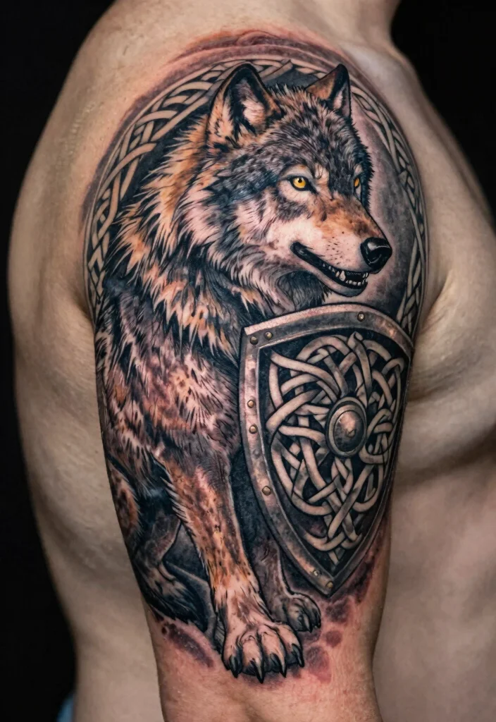 16 Celtic Wolf Tattoo Ideas With Mythic Strength - 7. Wolf Guardian With Celtic Shield 1