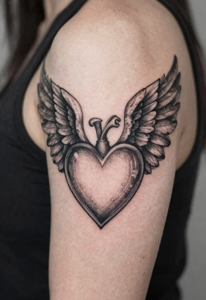 16 Heart Shaped Angel Wing Tattoo Ideas With Spiritual Touch 40 16 Heart Shaped Angel Wing Tattoo Ideas With Spiritual Touch - 10. Black and Grey Shades 1
