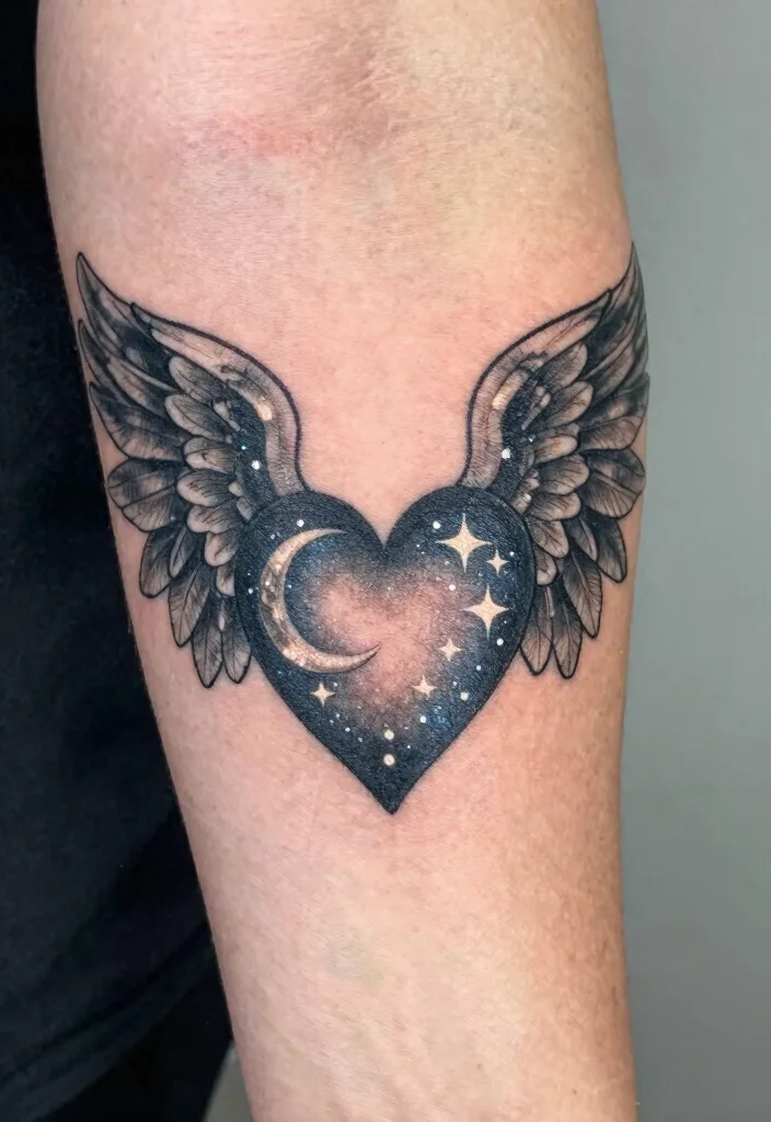 16 Heart Shaped Angel Wing Tattoo Ideas With Spiritual Touch 53 16 Heart Shaped Angel Wing Tattoo Ideas With Spiritual Touch - 13. Celestial Designs 1