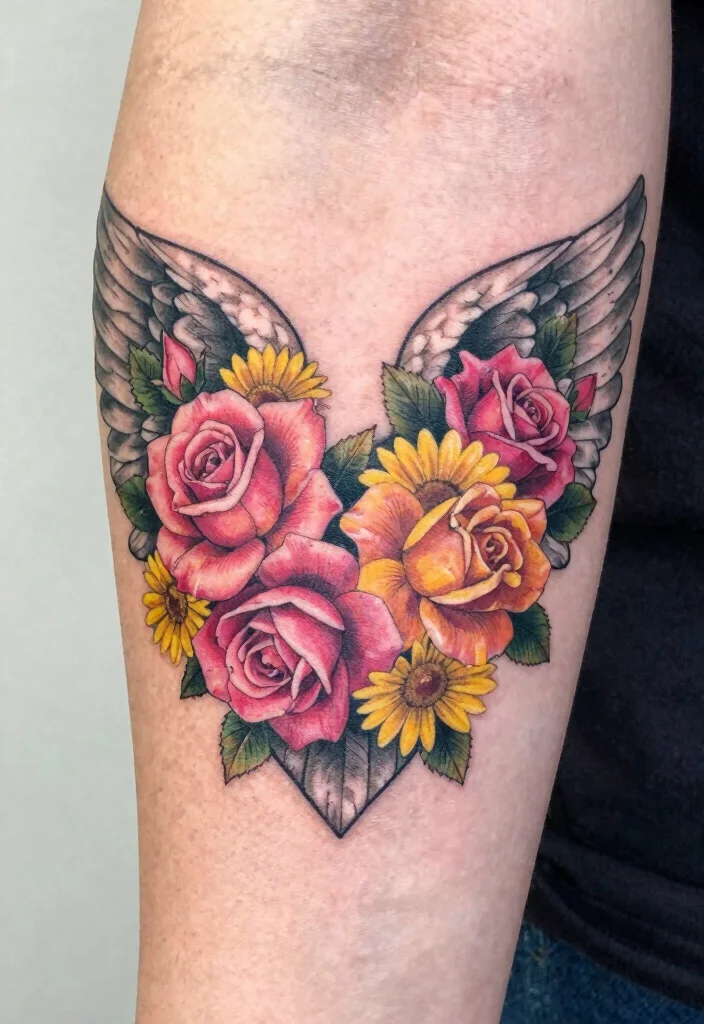 16 Heart Shaped Angel Wing Tattoo Ideas With Spiritual Touch 14 16 Heart Shaped Angel Wing Tattoo Ideas With Spiritual Touch - 4. Floral Accents 1