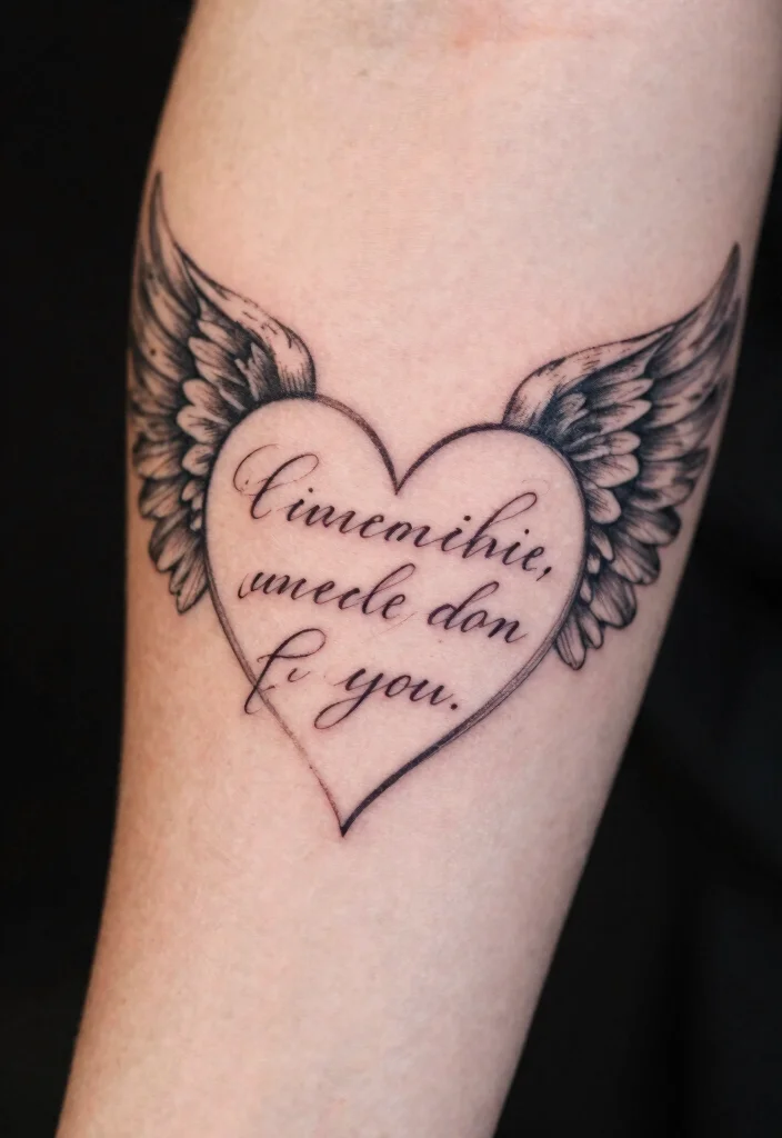 16 Heart Shaped Angel Wing Tattoo Ideas With Spiritual Touch 26 16 Heart Shaped Angel Wing Tattoo Ideas With Spiritual Touch - 6. Script and Quotes 1