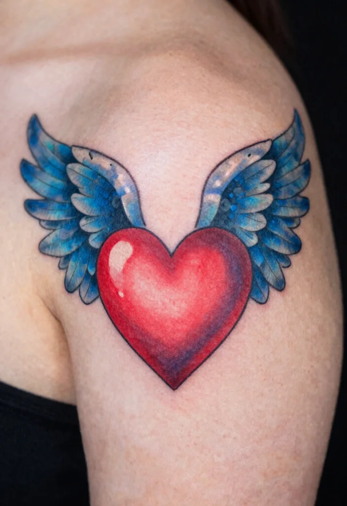 16 Heart Shaped Angel Wing Tattoo Ideas With Spiritual Touch 28 16 Heart Shaped Angel Wing Tattoo Ideas With Spiritual Touch - 8. Symbolic Color Combinations 1