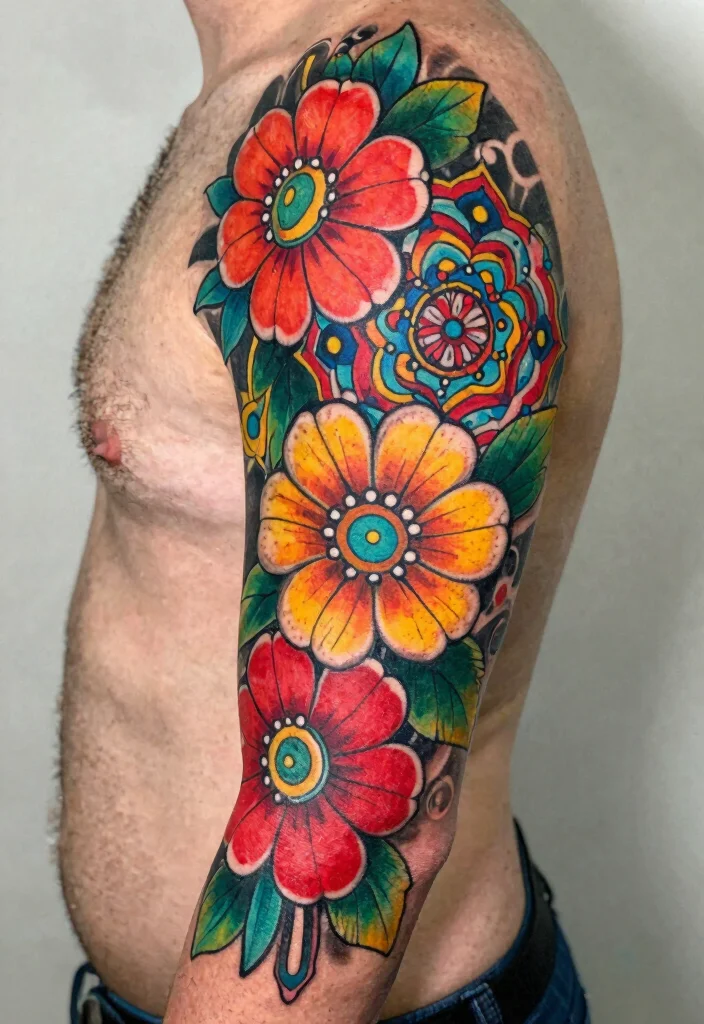 16 Mandala and Flower Tattoo Sleeve Ideas With Artistic Flow - 10. Bold Color Palettes 1