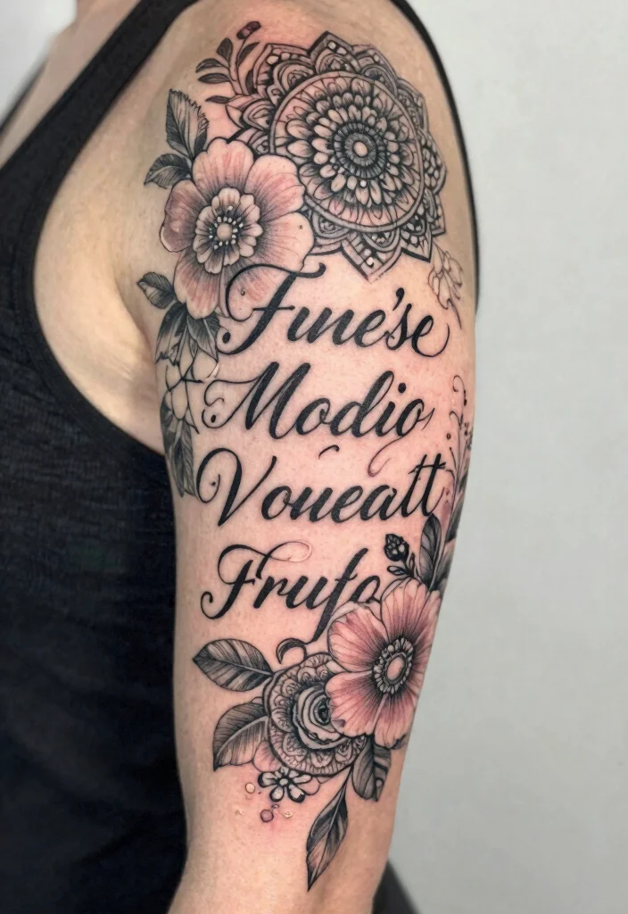 16 Mandala and Flower Tattoo Sleeve Ideas With Artistic Flow - 12. Incorporating Quotes 1