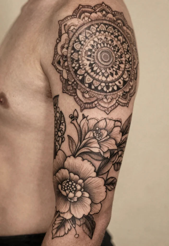 16 Mandala and Flower Tattoo Sleeve Ideas With Artistic Flow - 14. Vintage Flair 1