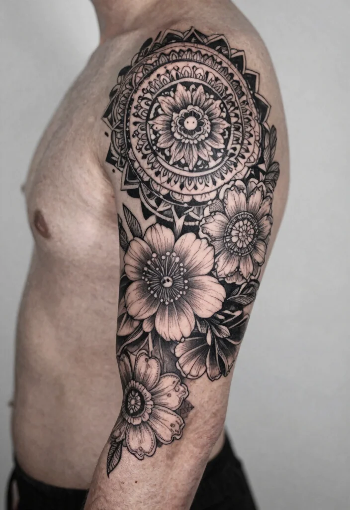 16 Mandala and Flower Tattoo Sleeve Ideas With Artistic Flow - 16. The Power of Negative Space 1
