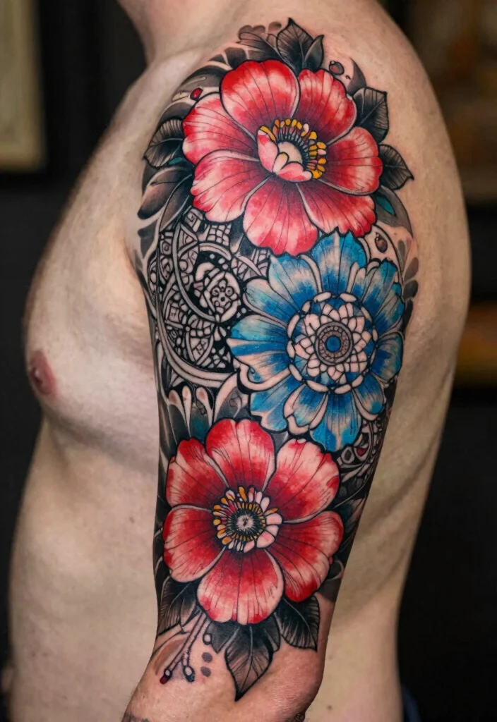16 Mandala and Flower Tattoo Sleeve Ideas With Artistic Flow - 2. Floral Infusion 1
