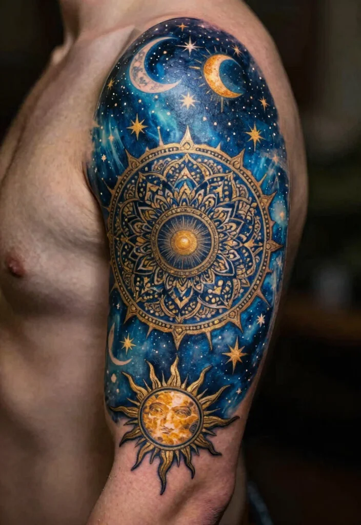 16 Mandala and Flower Tattoo Sleeve Ideas With Artistic Flow - 7. Celestial Themes 1
