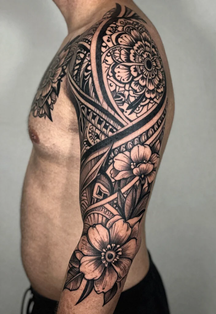 16 Mandala and Flower Tattoo Sleeve Ideas With Artistic Flow - 8. Tribal Influences 1