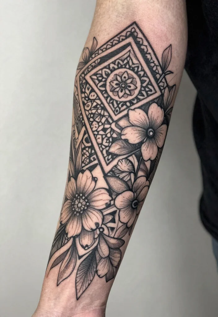 16 Mandala and Flower Tattoo Sleeve Ideas With Artistic Flow - 9. Geometric Fusion 1