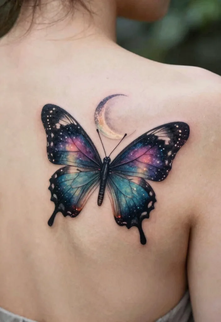 16 Moon Butterfly Tattoo Ideas With Mystical Charm - 10. Cosmic Journey 1