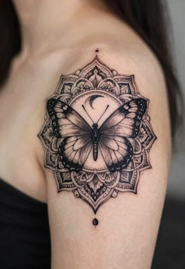16 Moon Butterfly Tattoo Ideas With Mystical Charm - 11. Butterfly Mandala 1