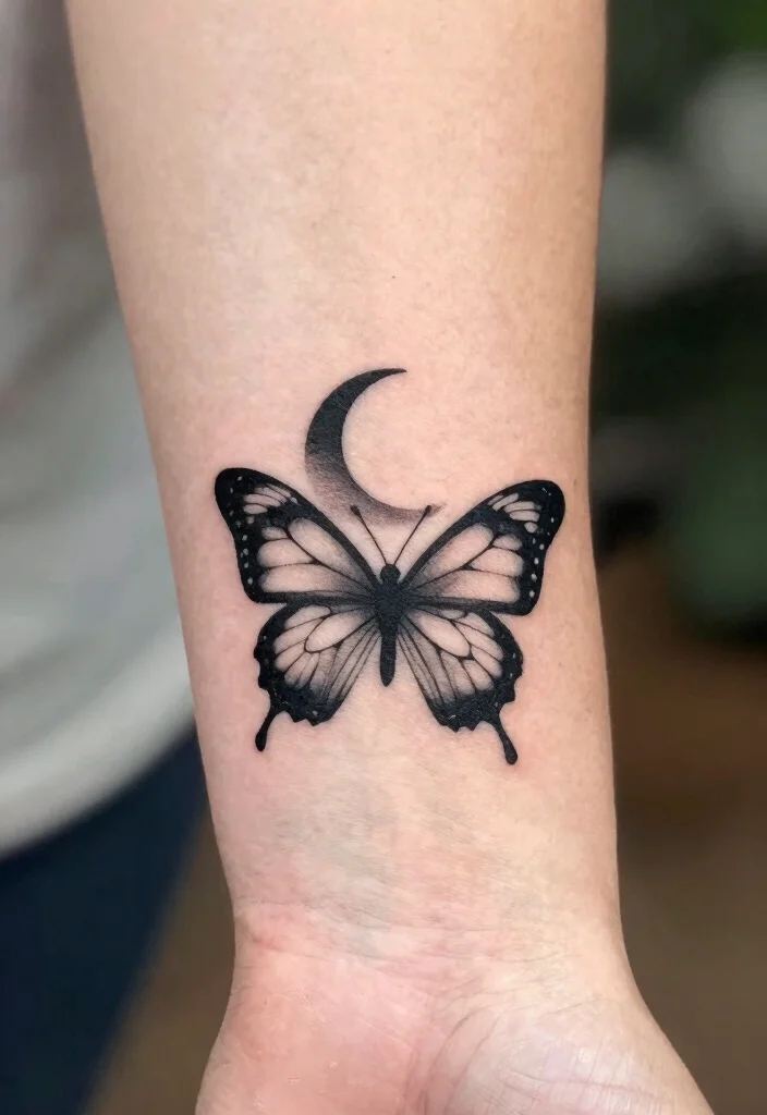 16 Moon Butterfly Tattoo Ideas With Mystical Charm - 13. Butterfly & Moon Silhouette 1