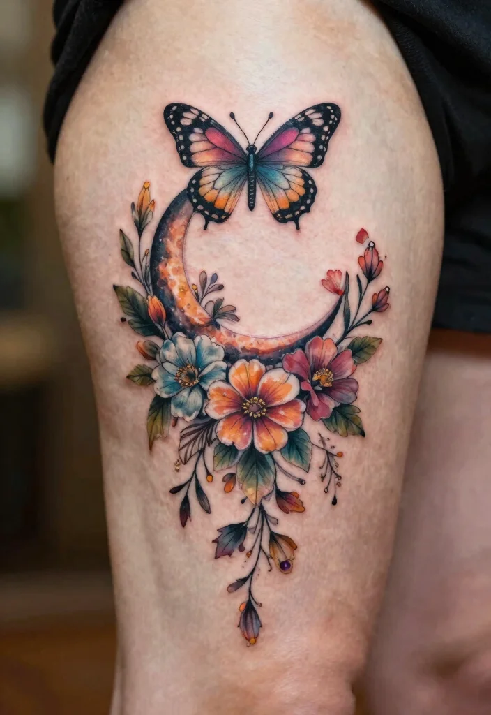 16 Moon Butterfly Tattoo Ideas With Mystical Charm - 14. Floral Cascade 1