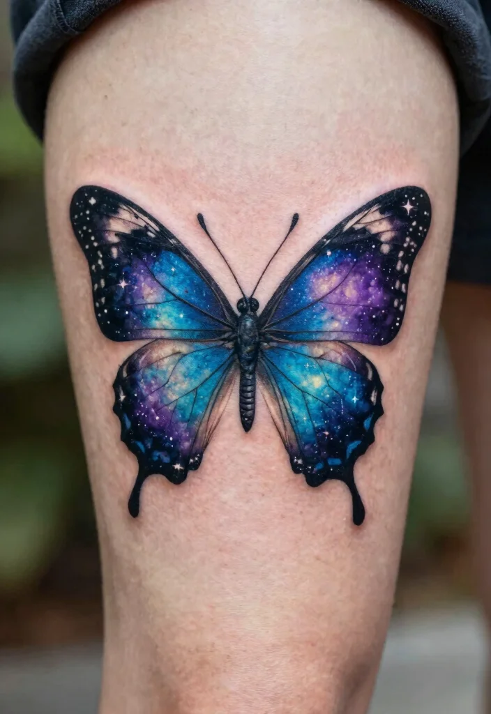 16 Moon Butterfly Tattoo Ideas With Mystical Charm - 5. Glittering Galaxy 1