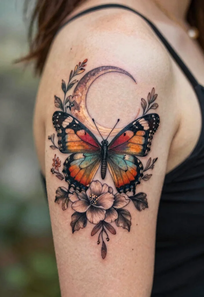16 Moon Butterfly Tattoo Ideas With Mystical Charm - 7. Vintage Floral 1